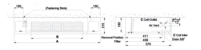 ابعاد فن کویل سقفی با کابین ساران مدل SRFCHE-300