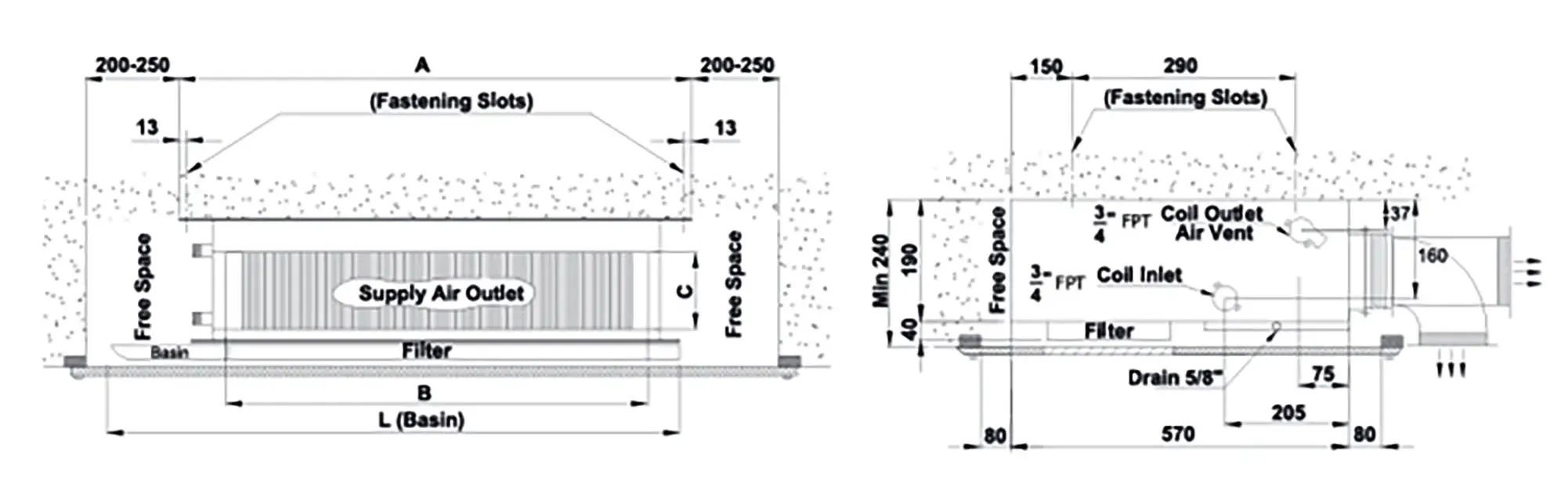 ابعاد فن کویل سقفی توکار ساران مدل SRFCHC-1000
