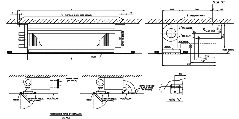 ملاحظات ابعادی فن کویل سقفی بدون کابینت ساراول مدل SF-HCR-03