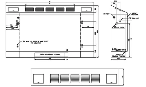ملاحظات ابعادی فن کویل زمینی شیبدار ساراول مدل SF-SE-04