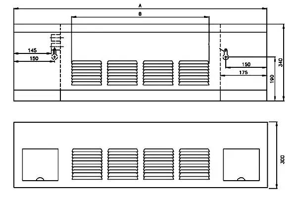 ملاحظات ابعادی فن کویل زمینی بالازن کوتاه ساراول مدل SF-TB-04