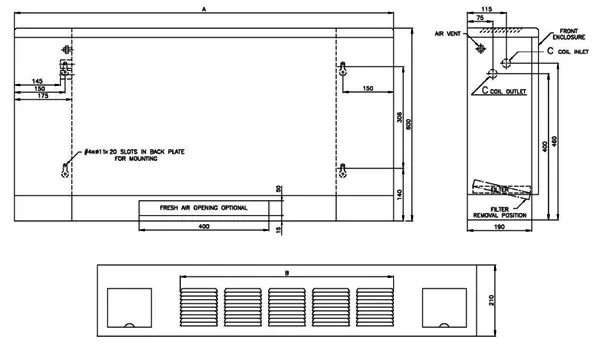 ملاحظات ابعادی فن کویل زمینی بالازن ساراول مدل SF-TE-03