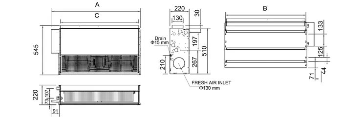ابعاد فن کویل سقفی توکار تهویه مدل HR-200