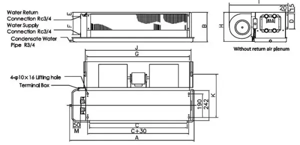 ابعاد فن کویل سقفی توکار تیکا مدل TCR400J