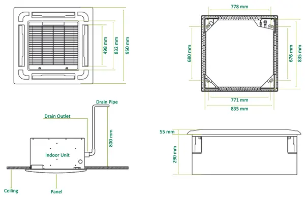 ابعاد فن کویل کاستی چهار طرفه گرین مدل G4WF1000P1