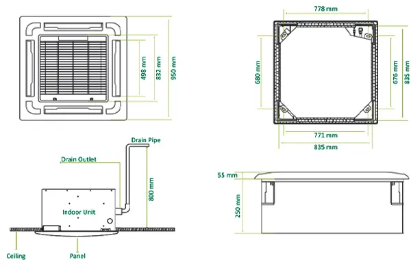 ابعاد فن کویل کاستی چهار طرفه گرین مدل G4WF600P1