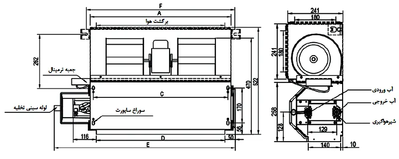 شماتیک فن کویل سقفی توکار 400CFM تک الکتریک سری میدیا اسپک