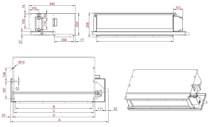 ابعاد فن‌کویل سقفی توکار جی پلاس مدل GFU-LC1000G30-4/I