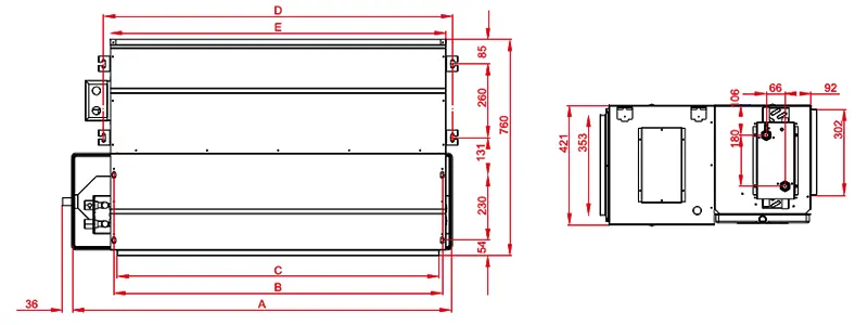 ابعاد فن‌کویل کانالی جی پلاس مدل GFU-HC1200G120-4/I