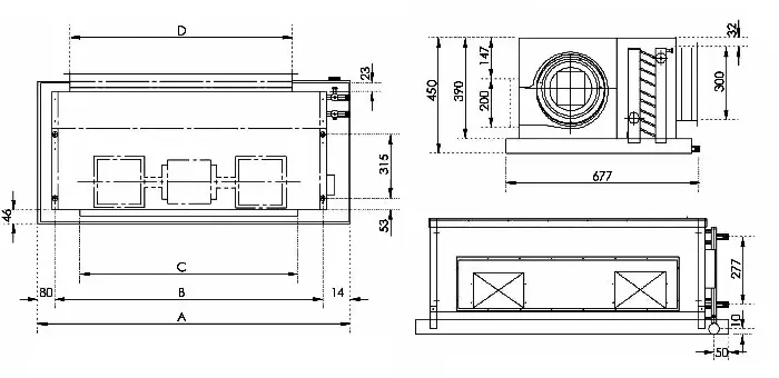 ابعاد فن‌ کویل کانالی میتسویی مدل MF304-DP