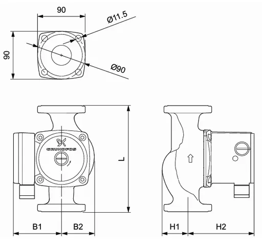 ابعاد پمپ سیرکولاتور خطی سه سرعته گراندفوس مدل UPS-36-50F