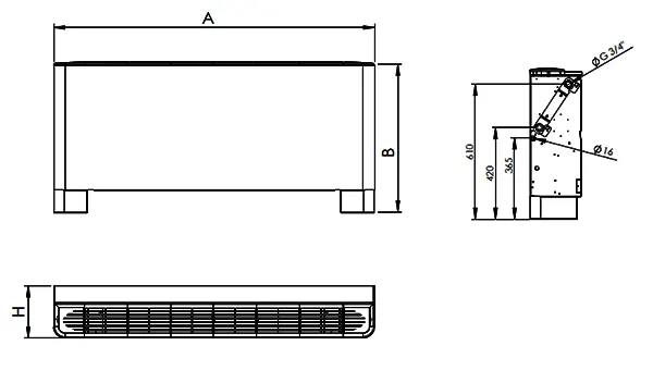 ملاحظات ابعادی فن‌کویل زمینی بالازن تهویه اروند مدل FABS-1200-EVB